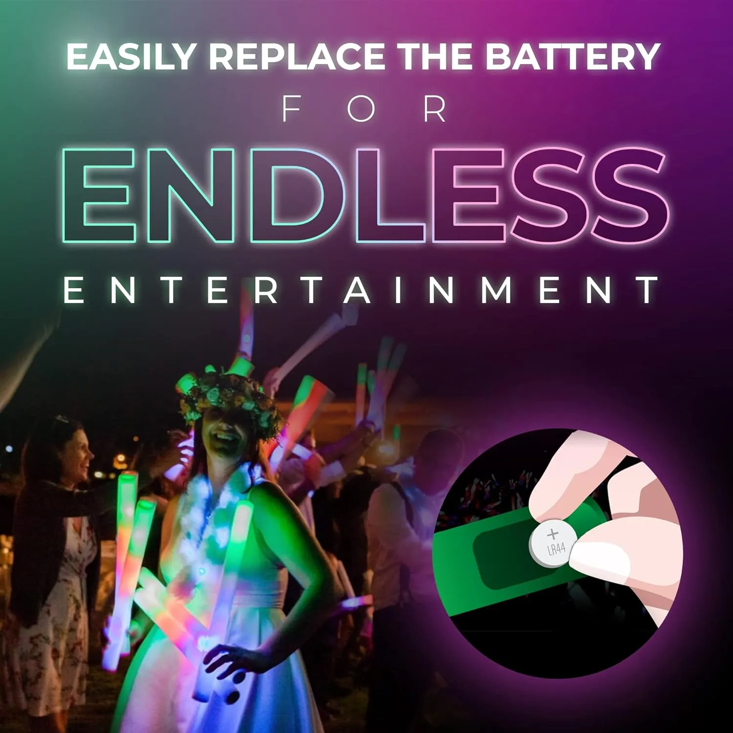 Promotional Party Glow Sticks - 50 Reusable 16" Light Up Sticks with 3 Mode Multicolor Foam Glow for Wedding, Parties, and Dancing