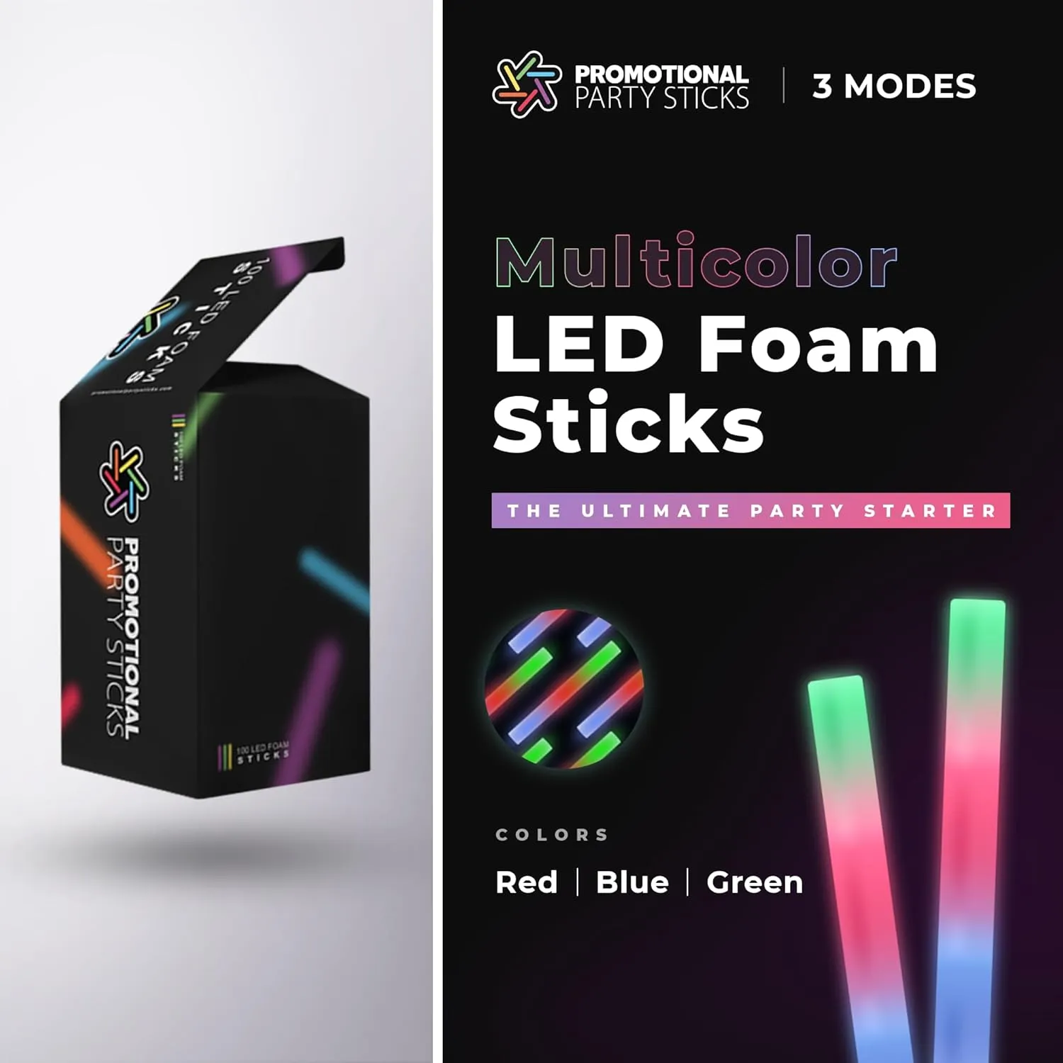 Promotional Party Glow Sticks - 50 Reusable 16" Light Up Sticks with 3 Mode Multicolor Foam Glow for Wedding, Parties, and Dancing
