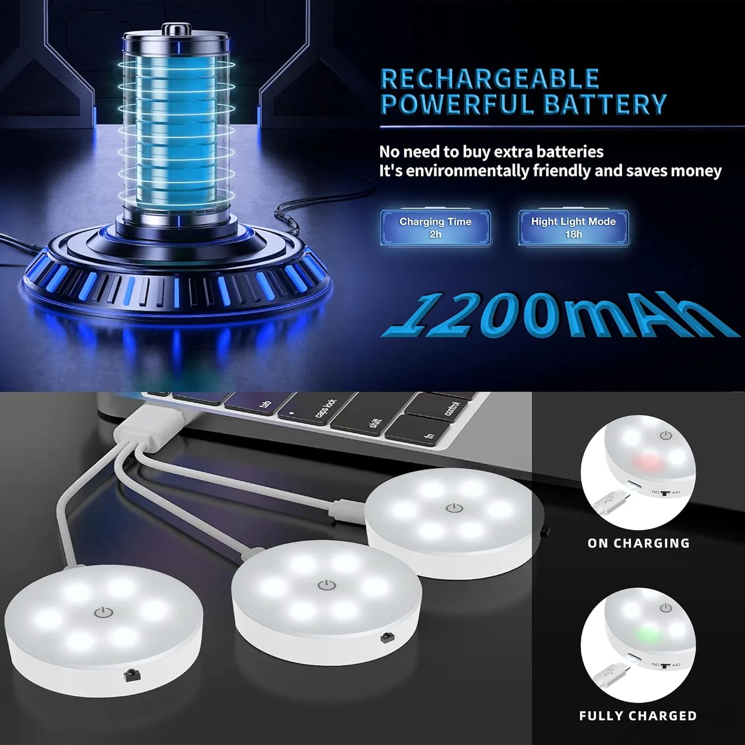 Puck Lights with Remote Control, Magnetic Under Cabinet Lighting, 1200mAh Rechargeable Stick On Lights for Under Cabinet, Hallway, Stairway, Closet (Cool White, 6pcs)