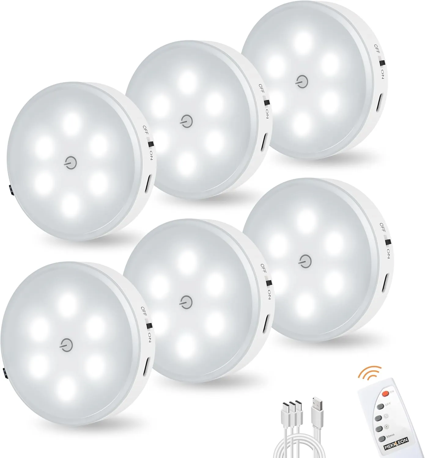Puck Lights with Remote Control, Magnetic Under Cabinet Lighting, 1200mAh Rechargeable Stick On Lights for Under Cabinet, Hallway, Stairway, Closet (Cool White, 6pcs)