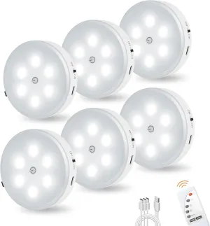 Puck Lights with Remote Control, Magnetic Under Cabinet Lighting, 1200mAh Rechargeable Stick On Lights for Under Cabinet, Hallway, Stairway, Closet (Cool White, 6pcs)