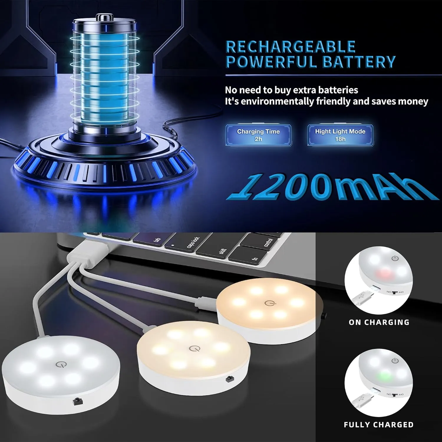 Puck Lights with Remote Control, Under Cabinet Lighting with Magnetic, Cordless, 1200mAh Rechargeable Stick On Lights for Under Cabinet, Hallway, Stairway, Closet (Warm White, 6pcs)