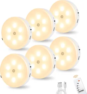 Puck Lights with Remote Control, Under Cabinet Lighting with Magnetic, Cordless, 1200mAh Rechargeable Stick On Lights for Under Cabinet, Hallway, Stairway, Closet (Warm White, 6pcs)