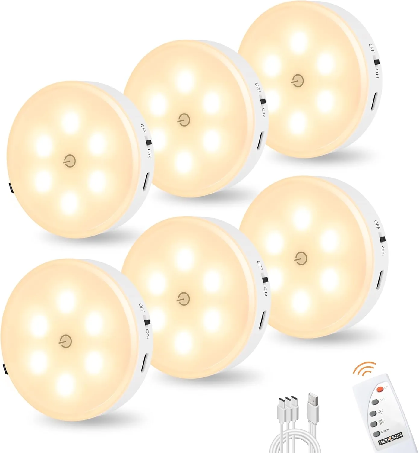 Puck Lights with Remote Control, Under Cabinet Lighting with Magnetic, Cordless, 1200mAh Rechargeable Stick On Lights for Under Cabinet, Hallway, Stairway, Closet (Warm White, 6pcs)