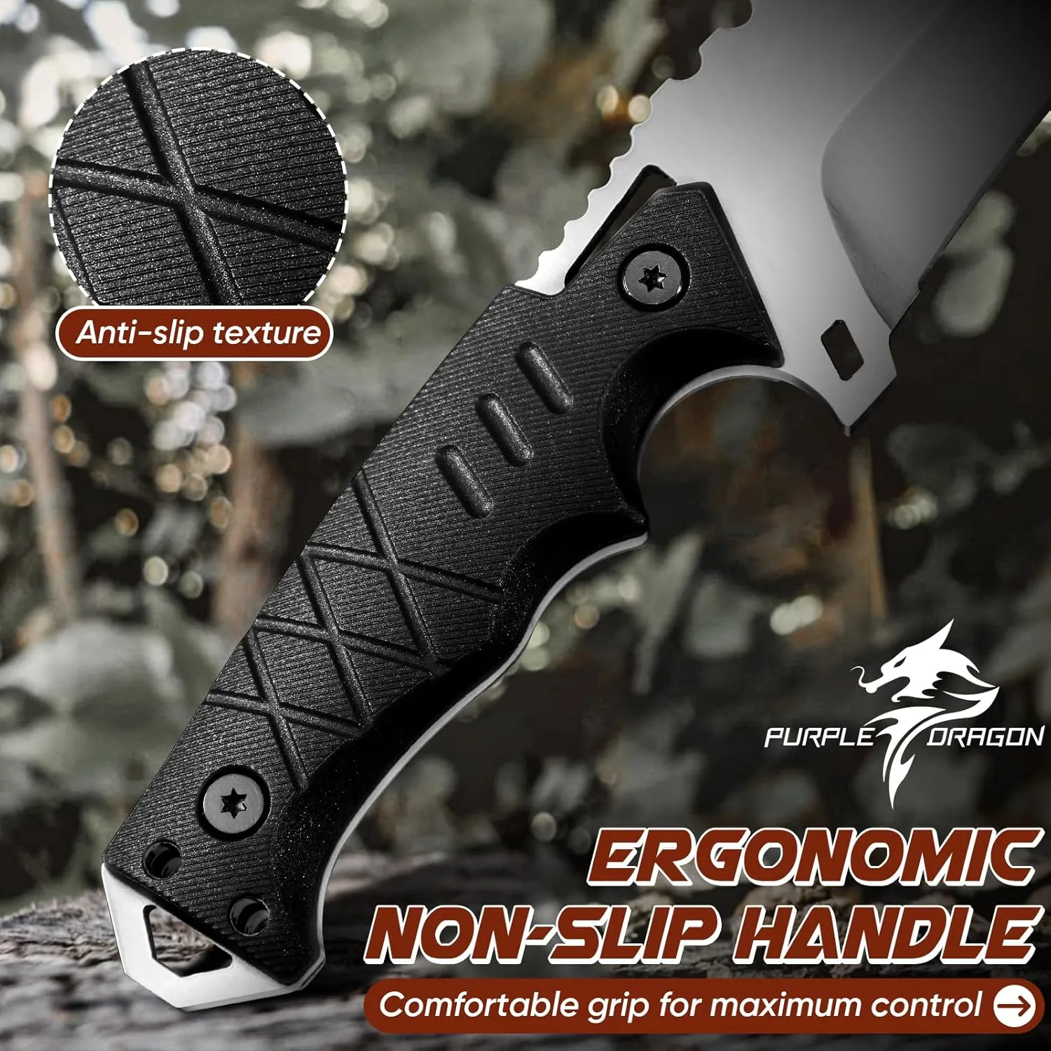 Purple Dragon Fixed Blade Knife with Kydex Sheath - D2 Steel Survival Knives for Camping, Bushcraft, Hunting - Ergonomic G10 Handle Outdoor Survival Gear Gift for Men(Black-T)