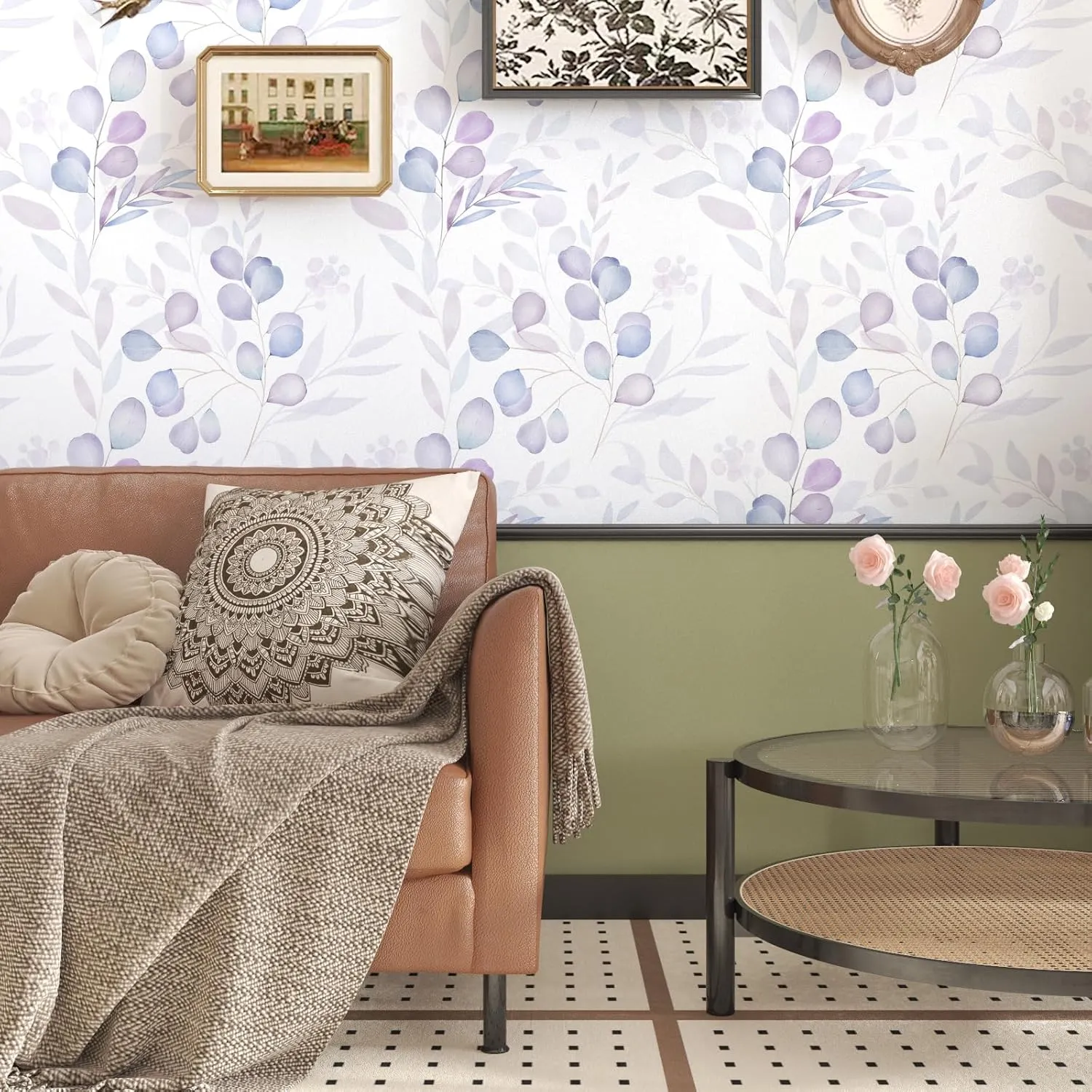 Purple Leaf Peel and Stick Wallpaper Boho Contact Paper Botanic Floral Leaf Wall Paper Removable Vinyl for Walls Cabinet Wardrobe Desktop 17.5In x 9.8Ft