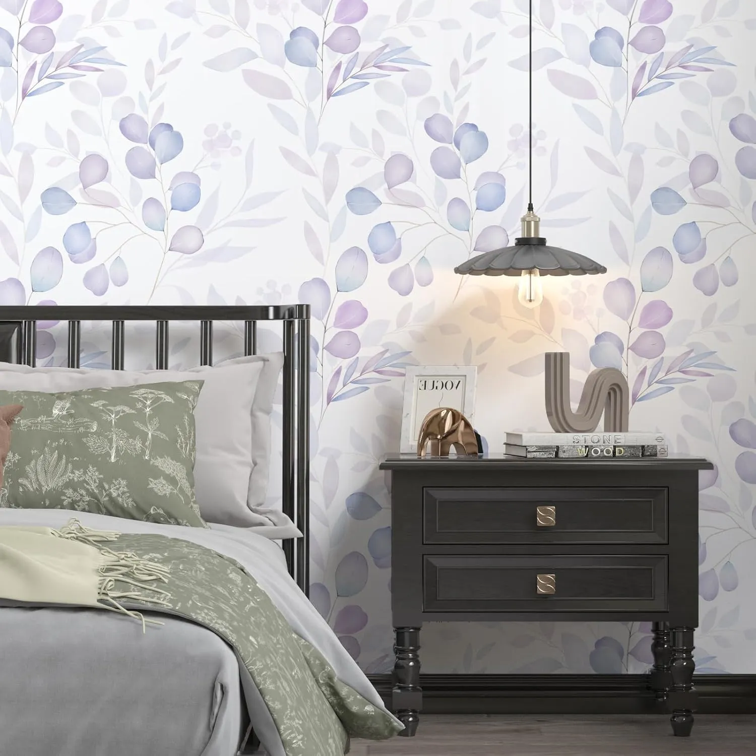 Purple Leaf Peel and Stick Wallpaper Boho Contact Paper Botanic Floral Leaf Wall Paper Removable Vinyl for Walls Cabinet Wardrobe Desktop 17.5In x 9.8Ft