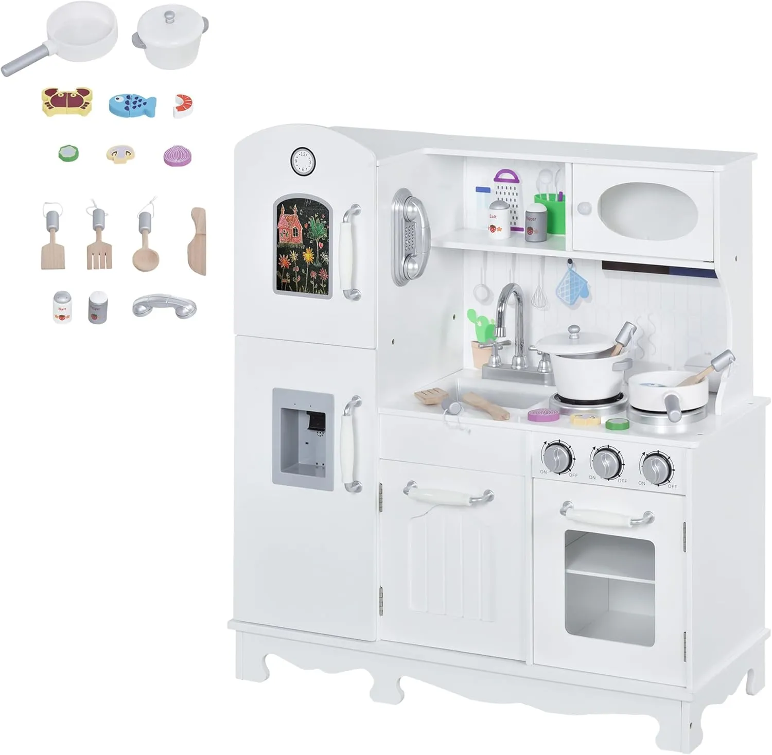 Qaba Kids Kitchen Playset with Telephone, Wooden Kitchenette for Kids with Cookware, Storage Cabinet, Water Dispenser, Blackboard, Toddler Pretend Play Kitchen with Cooking Accessories for Aged 3 