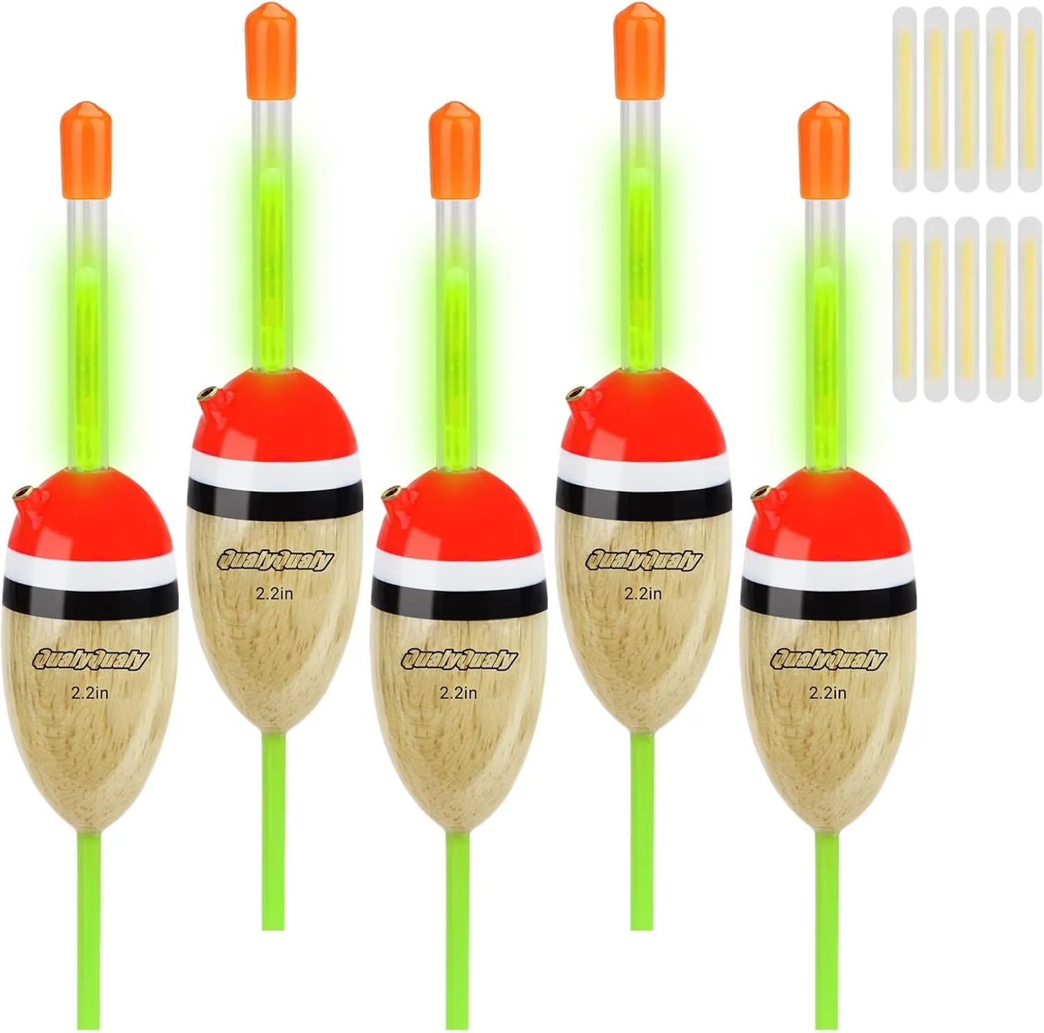 QualyQualy Lighted Fishing Slip Bobber 5Pcs Wood Slip Bobbers   10Pcs Fishing Glow Sticks, Night Fishing Light Up Slip Bobber for Fishing Crappie Bluegill Trout Bass Panfish Catfish Walleye
