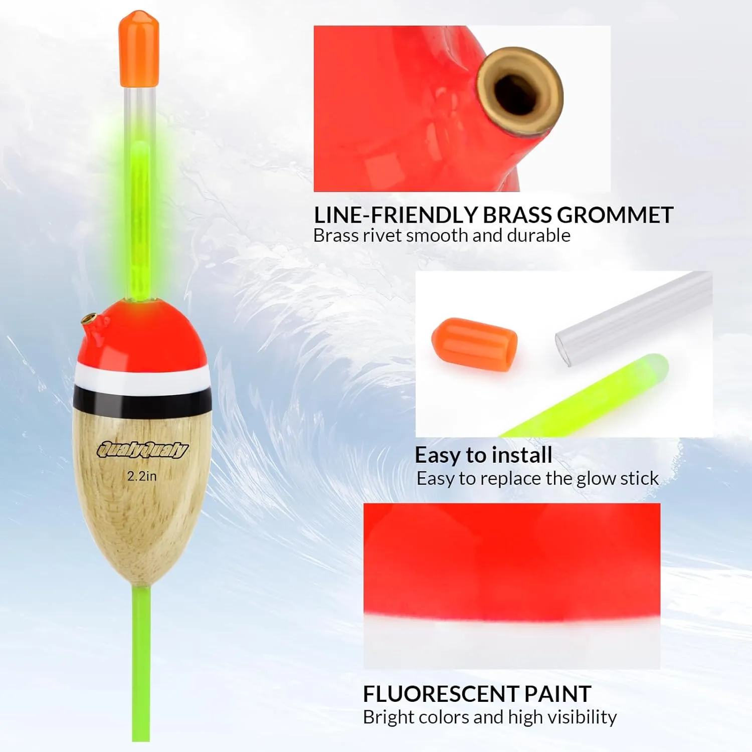 QualyQualy Lighted Fishing Slip Bobber 5Pcs Wood Slip Bobbers   10Pcs Fishing Glow Sticks, Night Fishing Light Up Slip Bobber for Fishing Crappie Bluegill Trout Bass Panfish Catfish Walleye