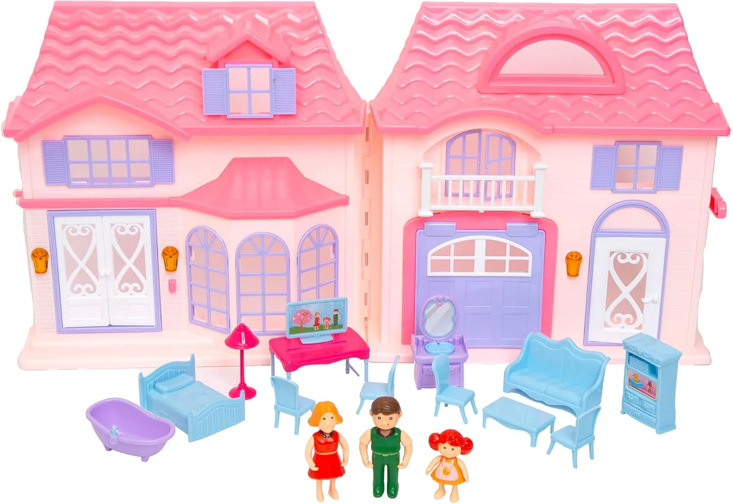R & S LIMITED Boley: Doll House - Pink & Purple - 16pc Playset - 3 Family Dolls & 12 Furniture Accessories, Foldable & Portable Design, Durable Plastic, Kids 3 