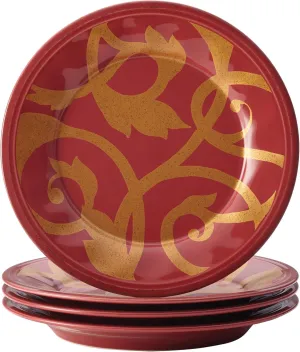 Rachael Ray Dinnerware Gold Scroll 4-Piece Salad Plate Set, Cranberry Red