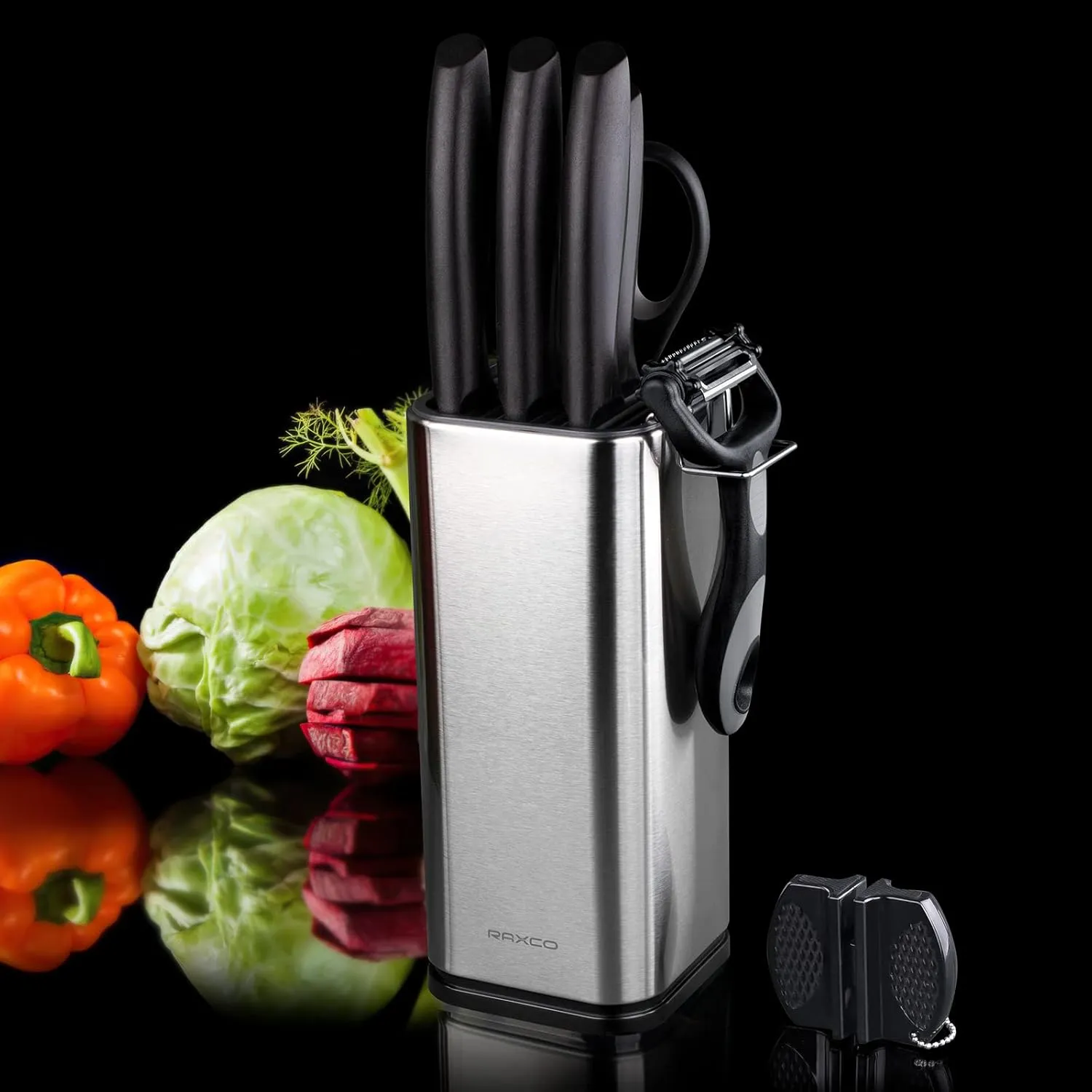 RAXCO Knife Set with Block,10-Piece Kitchen Knives Stainless Steel,Pro-Sharpened for Cooking,Slicing,Mincing,Dicing,Black