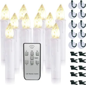 Raycare 10 PCS Battery Operated Taper Candle Lights with Remote, 4 Inches Led Window Candles with 6H Timer, Warm White Bright Flickering Light Christmas Candles with Clips/Suction Cups