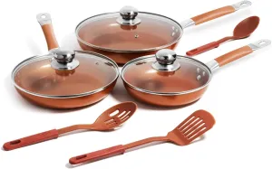 Razab 3 PC Nonstick Copper Frying Pans Skillets Set with Lids (8", 9.5", 11") - Ceramic Coating & Silicone Spatulas for Cooking Egg, Omelette - Kitchen Cookware for Induction, Gas & Electric Stovetop