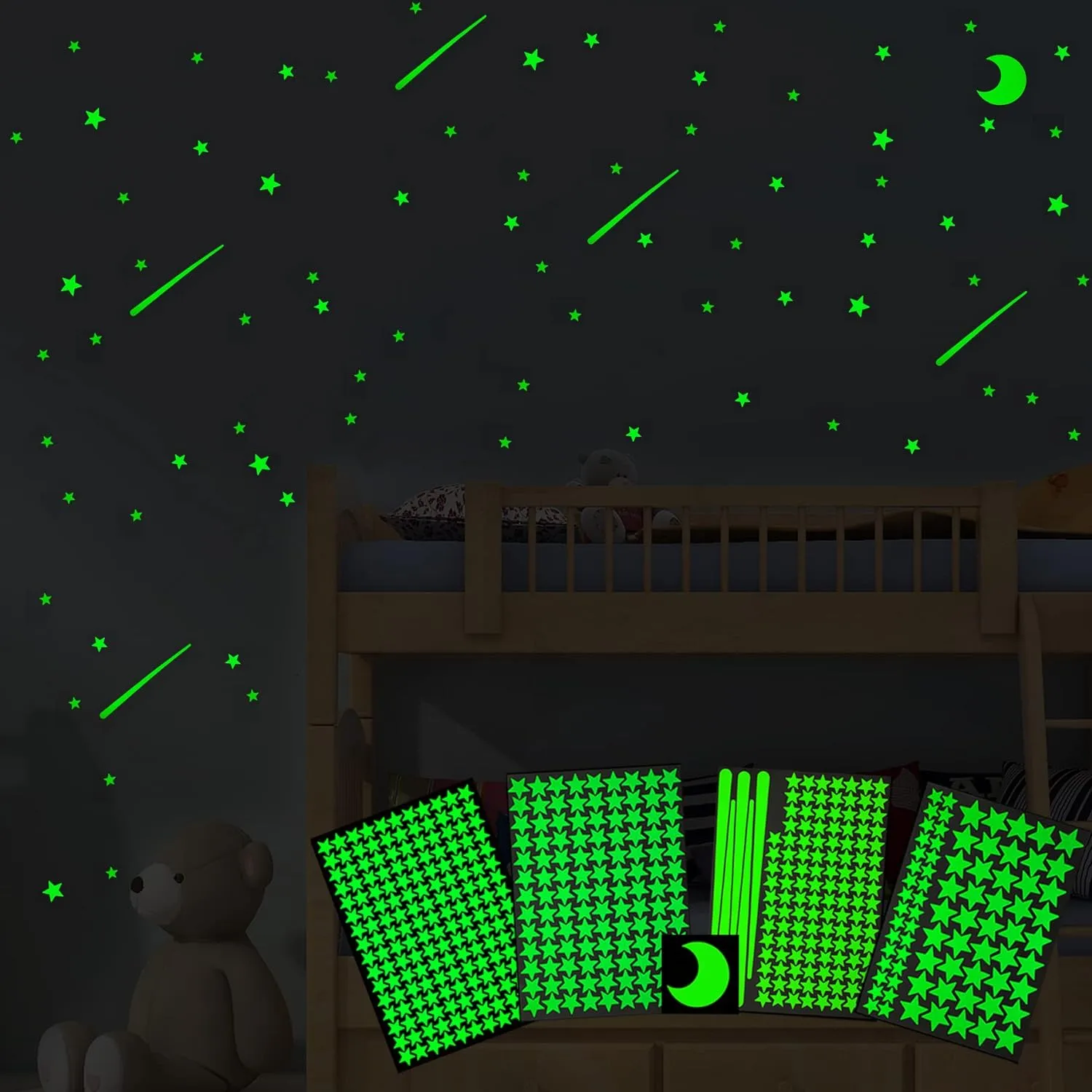 Realistic Glow Stars & Moon - 500pcs Luminous Glowing Stars, Shooting Star Room Decor
