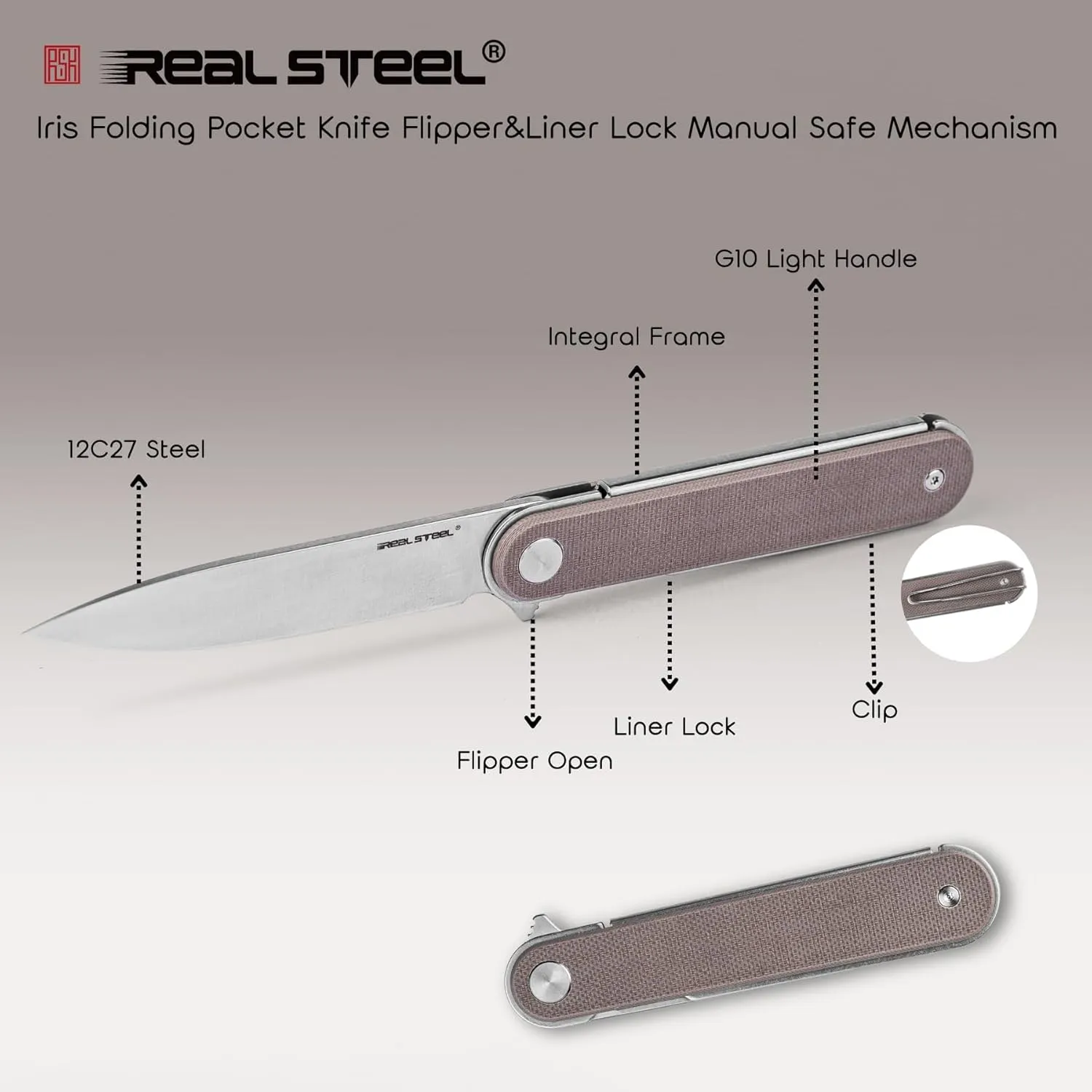 REALSTEEL IRIS Pocket Knife, Folding Knife, Flipper, Liner Lock, 2.99" 12C27 Steel Blade, Lightweight G10 Handle, 1.74oz, Deep-carry Pocket Clip, EDC Outdoor Indoor, Gifts for Men Women Camping Hiking Climbing Fishing (Coyote G10)