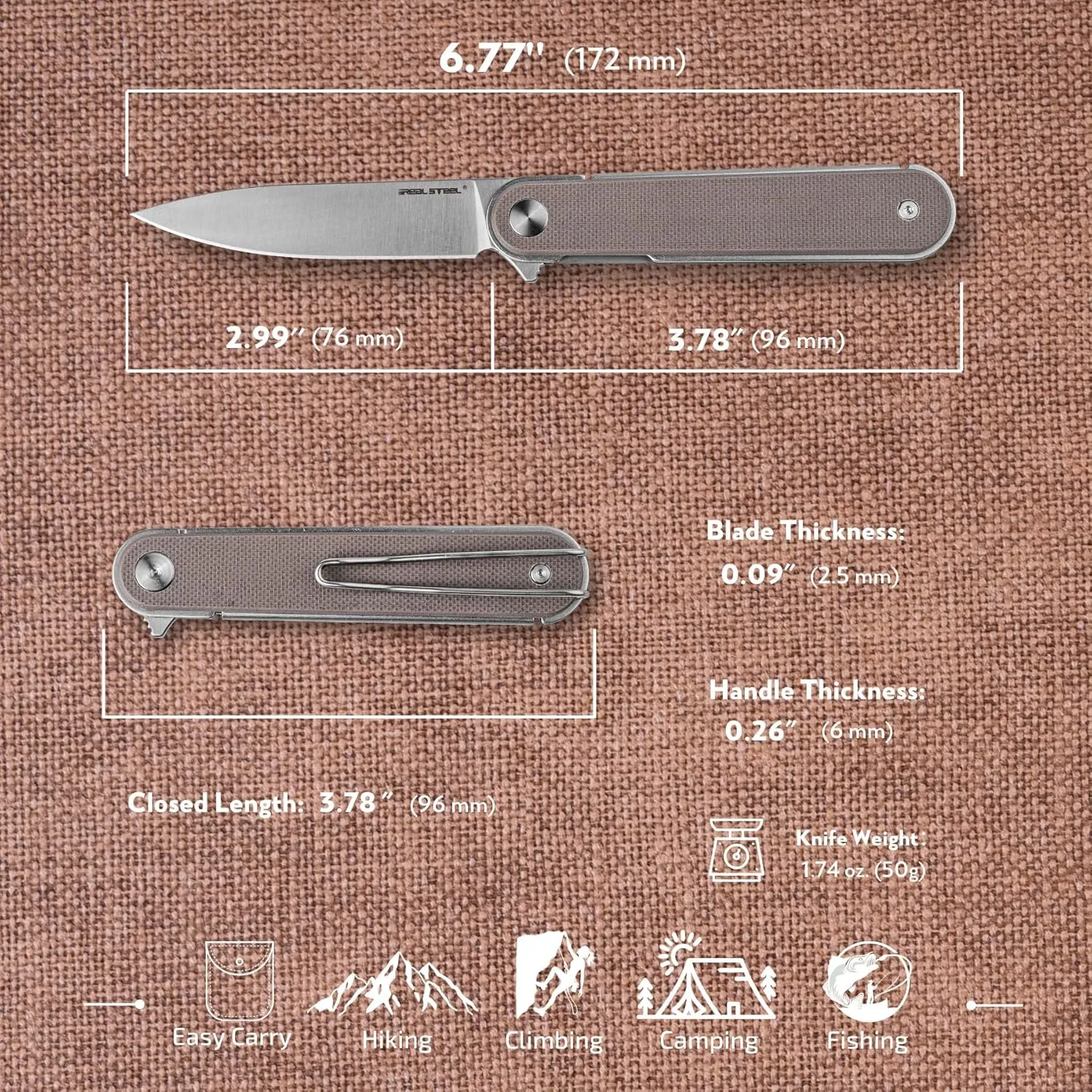 REALSTEEL IRIS Pocket Knife, Folding Knife, Flipper, Liner Lock, 2.99" 12C27 Steel Blade, Lightweight G10 Handle, 1.74oz, Deep-carry Pocket Clip, EDC Outdoor Indoor, Gifts for Men Women Camping Hiking Climbing Fishing (Coyote G10)