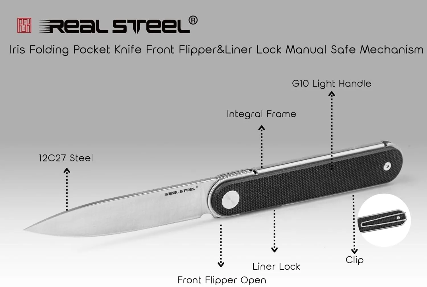 REALSTEEL IRIS Pocket Knife, Folding Knife, Front Flipper, Liner Lock, 2.99" 12C27 Steel Blade, Lightweight G10 Handle, 1.74oz, Deep-carry Pocket Clip, EDC Outdoor Indoor, Gifts for Men Women Camping Hiking Climbing Fishing (Black G10)