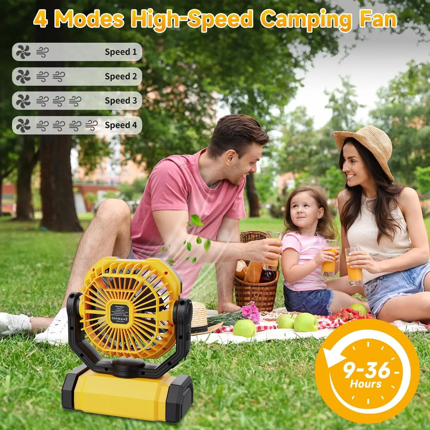 Rechargeable Fan Portable, 90°Oscillating Camping Fan Rechargeable, 270°Pivot Large Battery Powered Fans, 4Speed Cordless Fans with LED Lantern & Hanging Hook, Ventilador Recargable for Tent Travel
