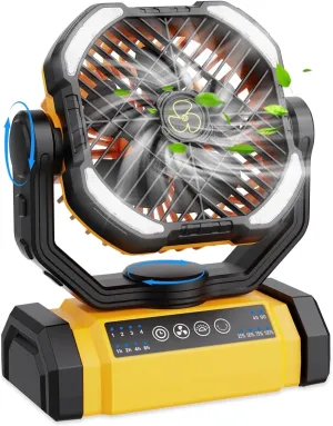Rechargeable Fan Portable, 90°Oscillating Camping Fan Rechargeable, 270°Pivot Large Battery Powered Fans, 4Speed Cordless Fans with LED Lantern & Hanging Hook, Ventilador Recargable for Tent Travel