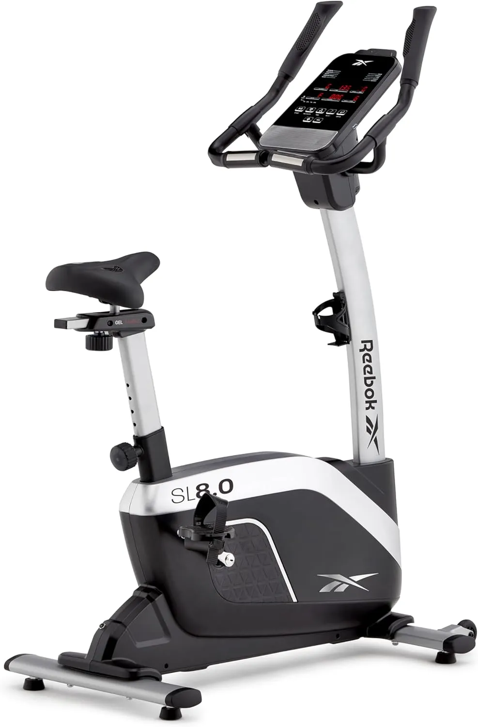Reebok Fitness Stationary Bike: Bluetooth Compatible Indoor Cycling Bike, 24 Resistance Levels, 12 Workouts, Upright Exercise Bike with Gel Pad Saddle
