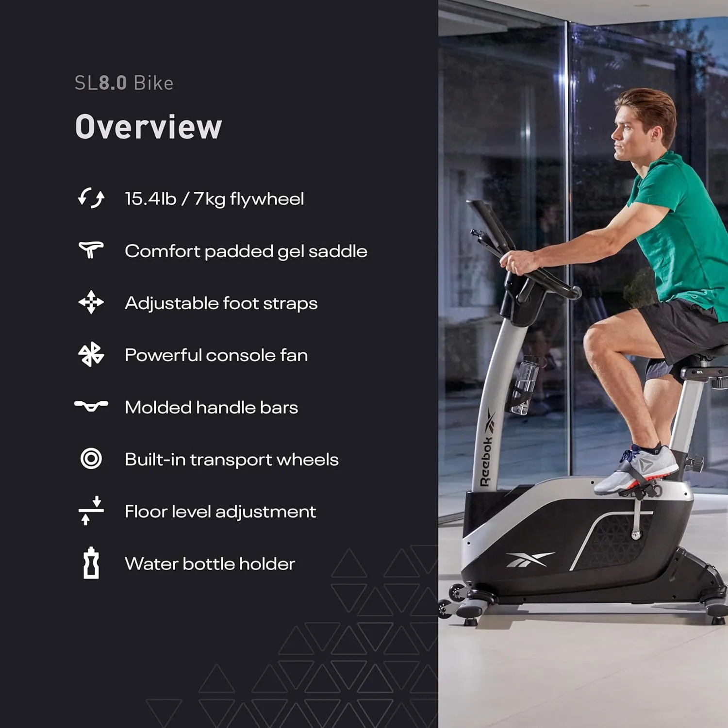 Reebok Fitness Stationary Bike: Bluetooth Compatible Indoor Cycling Bike, 24 Resistance Levels, 12 Workouts, Upright Exercise Bike with Gel Pad Saddle