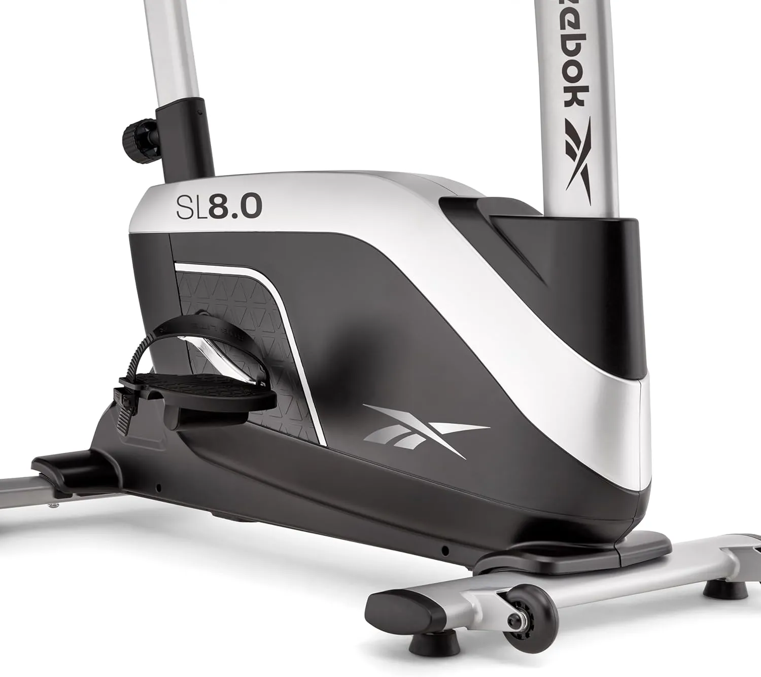 Reebok Fitness Stationary Bike: Bluetooth Compatible Indoor Cycling Bike, 24 Resistance Levels, 12 Workouts, Upright Exercise Bike with Gel Pad Saddle