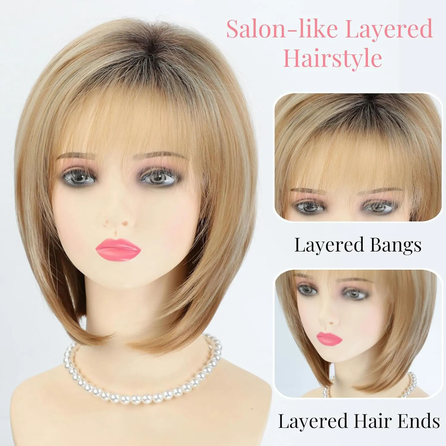RENERSHOW Blonde Highlight Short Pixie Bob Wig with Bangs Straight Ombre Blonde Synthetic Wig with Dark Roots Layered Blonde Wigs for Women Medium Bob Daily Party Wig