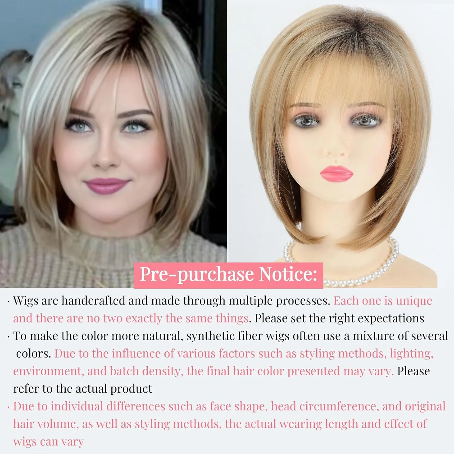 RENERSHOW Blonde Highlight Short Pixie Bob Wig with Bangs Straight Ombre Blonde Synthetic Wig with Dark Roots Layered Blonde Wigs for Women Medium Bob Daily Party Wig