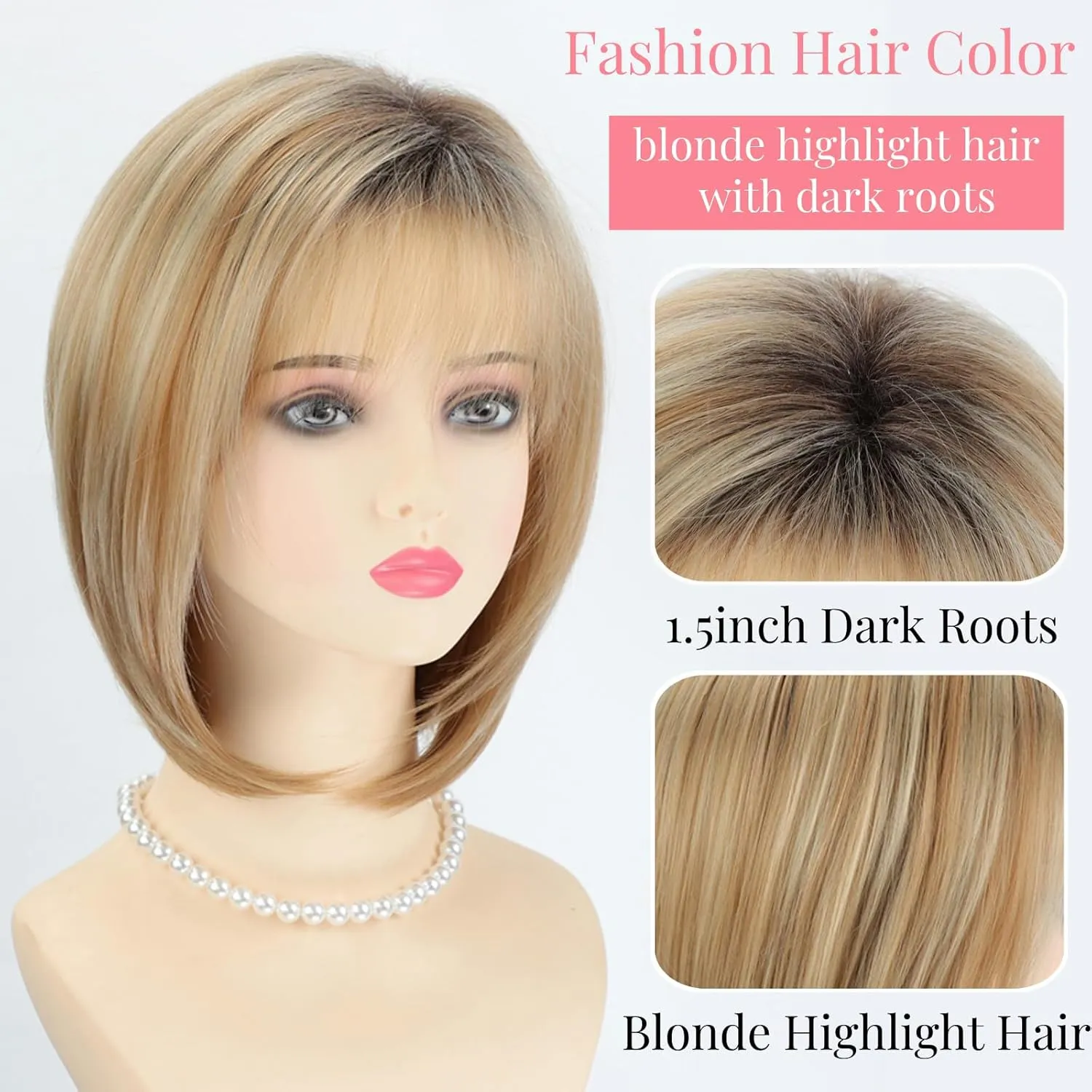 RENERSHOW Blonde Highlight Short Pixie Bob Wig with Bangs Straight Ombre Blonde Synthetic Wig with Dark Roots Layered Blonde Wigs for Women Medium Bob Daily Party Wig
