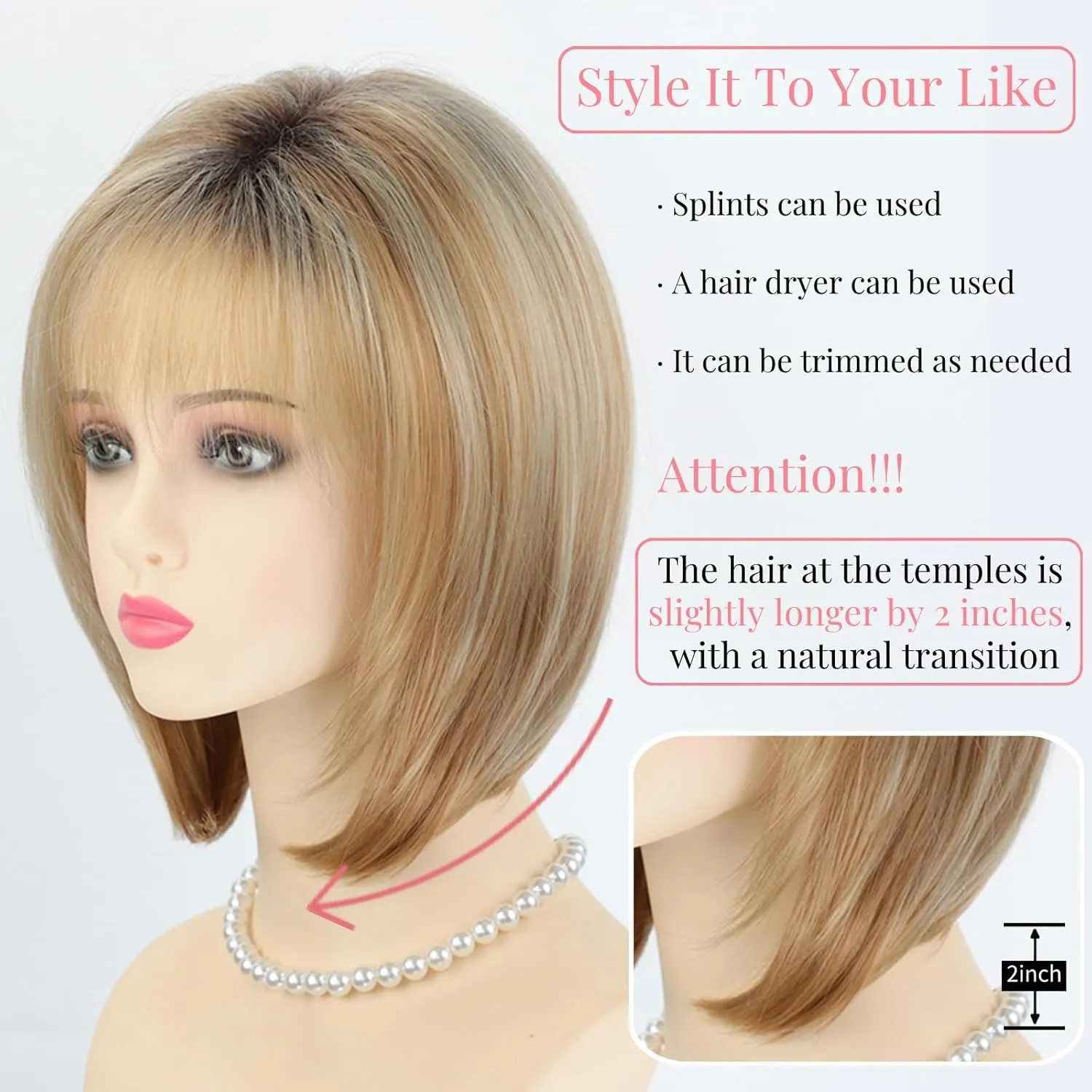 RENERSHOW Blonde Highlight Short Pixie Bob Wig with Bangs Straight Ombre Blonde Synthetic Wig with Dark Roots Layered Blonde Wigs for Women Medium Bob Daily Party Wig