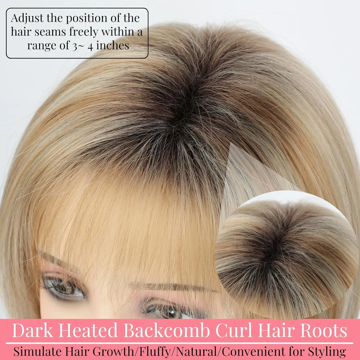 RENERSHOW Blonde Highlight Short Pixie Bob Wig with Bangs Straight Ombre Blonde Synthetic Wig with Dark Roots Layered Blonde Wigs for Women Medium Bob Daily Party Wig