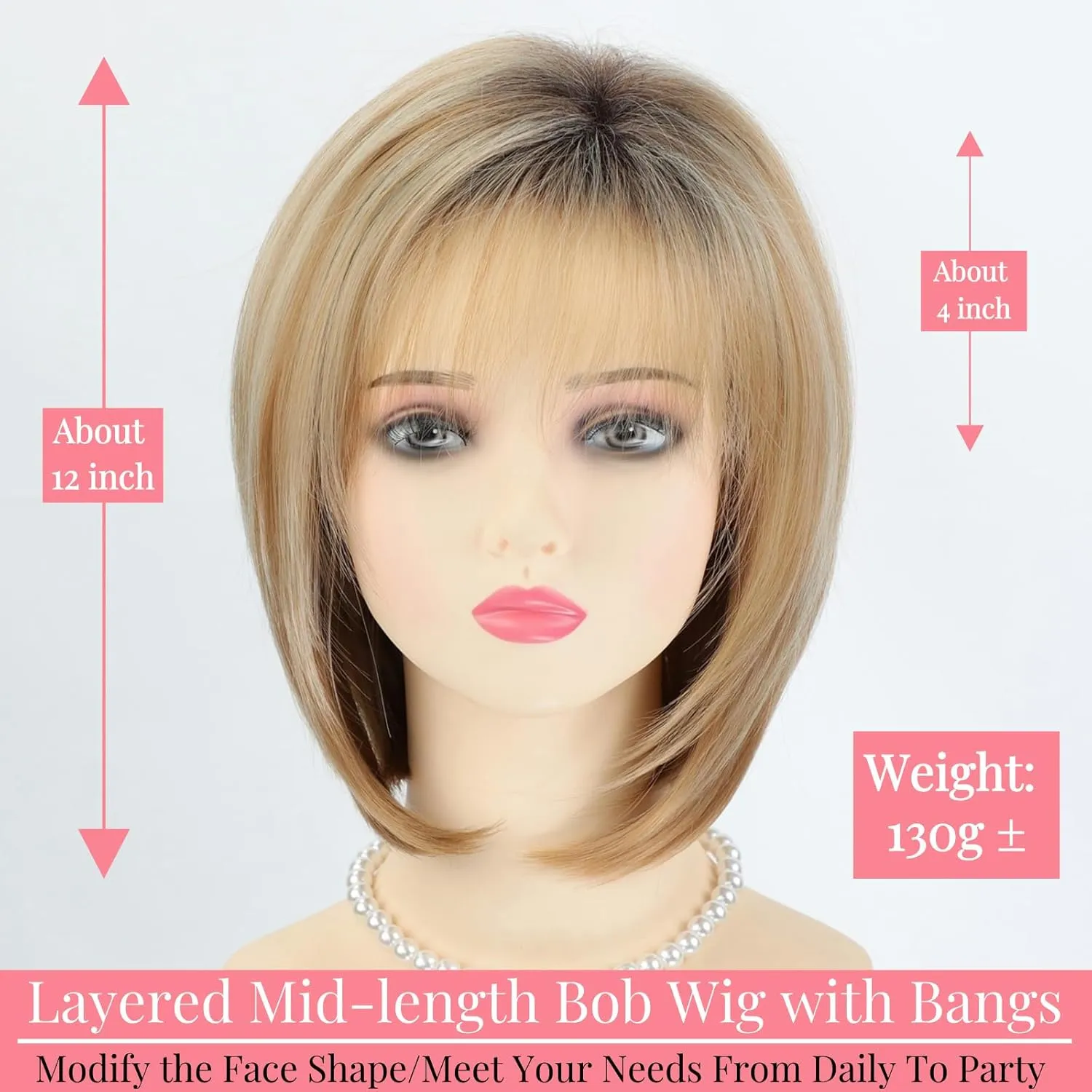 RENERSHOW Blonde Highlight Short Pixie Bob Wig with Bangs Straight Ombre Blonde Synthetic Wig with Dark Roots Layered Blonde Wigs for Women Medium Bob Daily Party Wig
