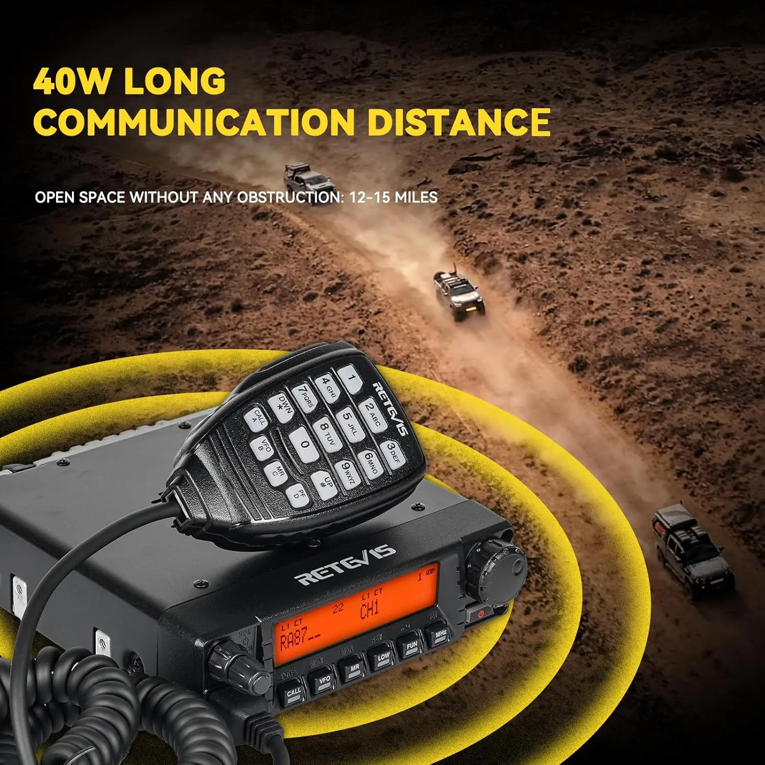 Retevis RA87 GMRS Mobile Radio, 40W Mobile Transceiver Base Station with Cable, 8 Repeater Channels, Chirp, Dual Watch, Long Range Two Way Radio for Off-Road(Black 1Pack)