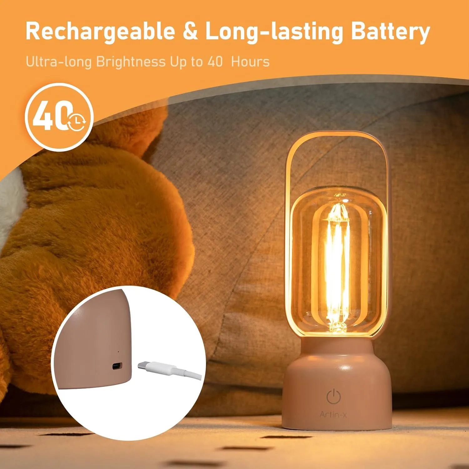 Retro Cordless Lantern Table Lamp, 40 Hours Long Lasting Dimming Night Light, Small Rechargeable Battery Operated Light for Cruise Nightstand Travel Camping Decoration Gift- Pink