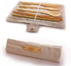 Reusable Bamboo Cutlery Set Fork, Spoon, Knife, Chopsticks, Straw, Zero Waste Plastic Free (White Pouch)
