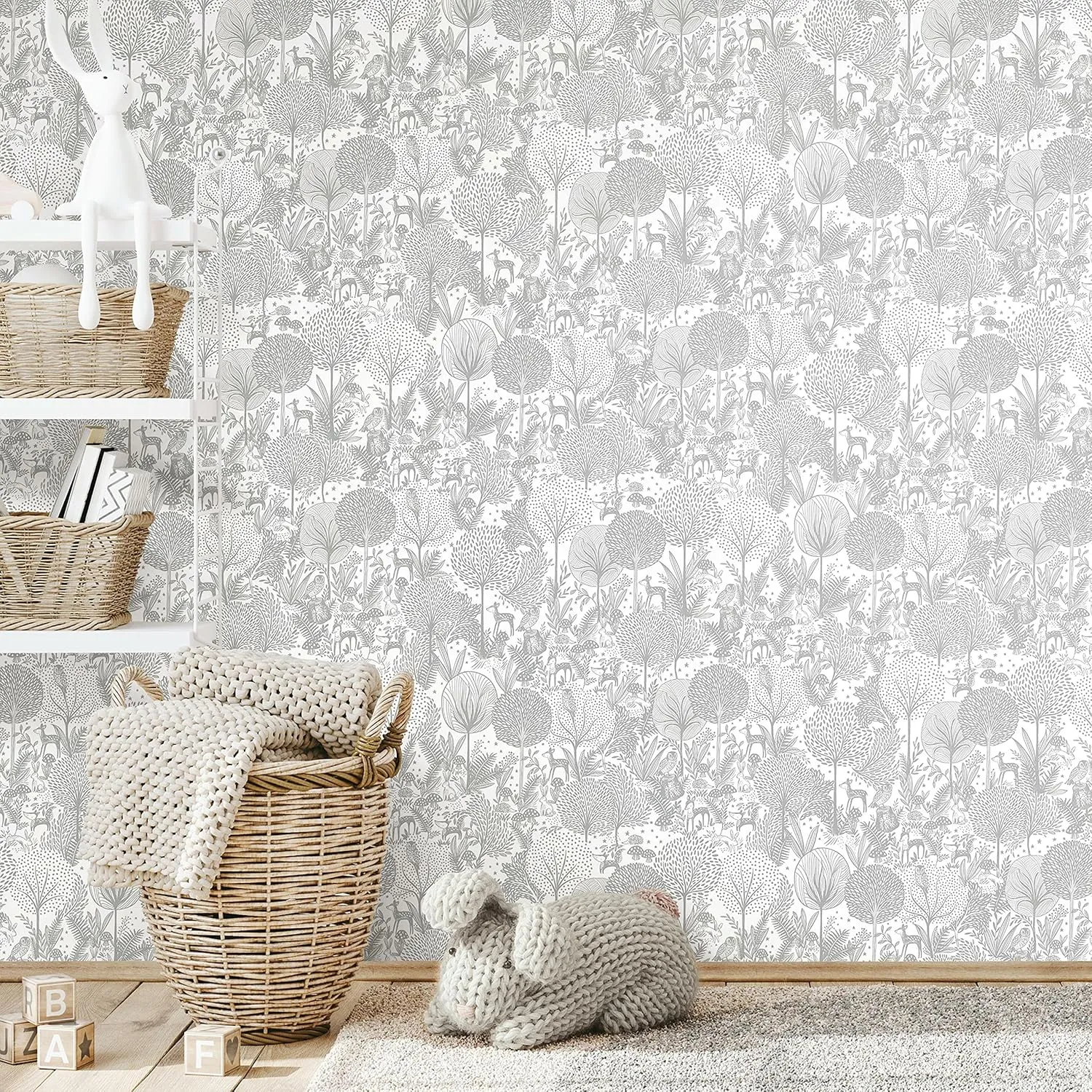 RoomMates RMK12076RL Gray and White Forest Friends Nursery Peel and Stick Wallpaper