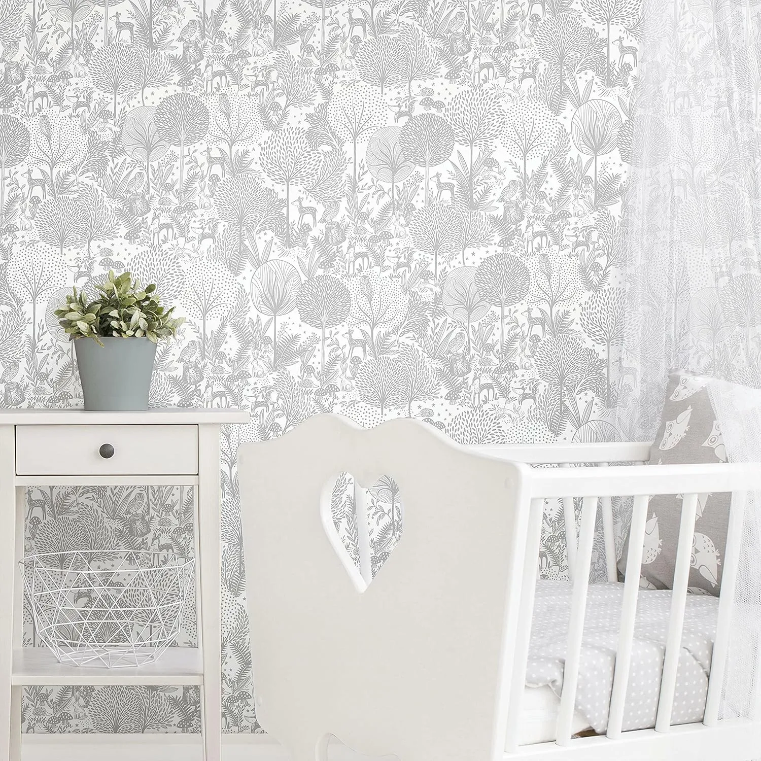 RoomMates RMK12076RL Gray and White Forest Friends Nursery Peel and Stick Wallpaper
