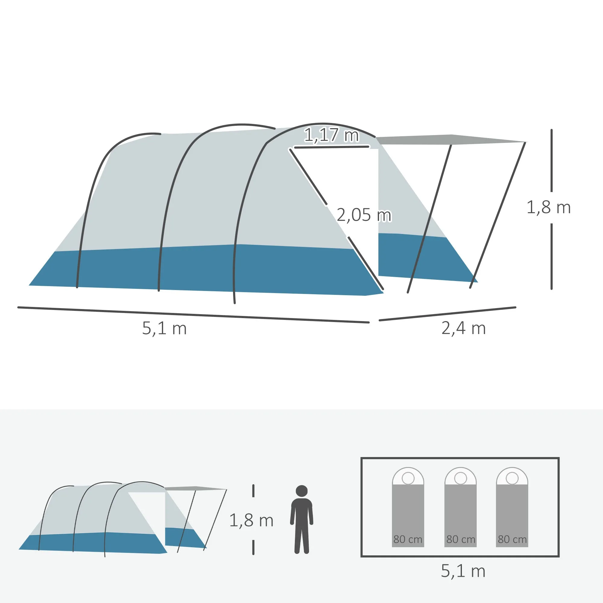 Rootz Camping Tent - Family Tent - Outdoor Shelter - Water-repellent - 5.10m x 2.40m x 1.80m