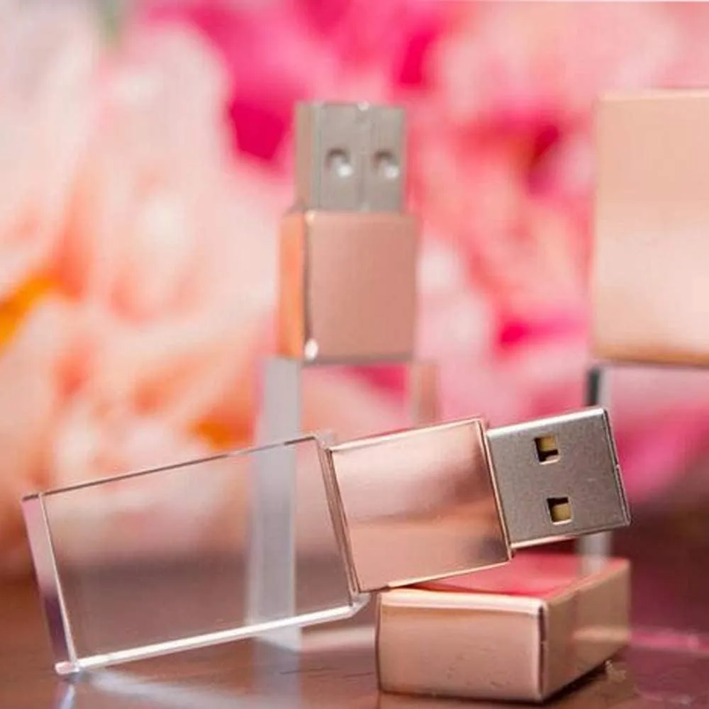 Rose Gold Crystal 64GB USB 2.0 Flash Drive LED Light Glass Pen Drive Thumb Drive Gift for Boy Girl Men Women Kids Mom Dad Memory Stick Pendrive USB Stick