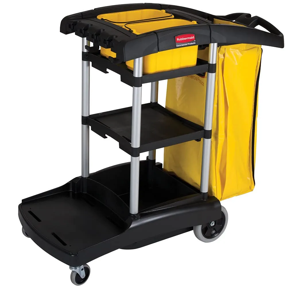 Rubbermaid Commercial Products Industrial High Capacity Storage Janitorial Cart with Wheels/Casters, Two Caddies and Zippered Yellow Bag for School/Retail/Hospitality/Restaurant, Black