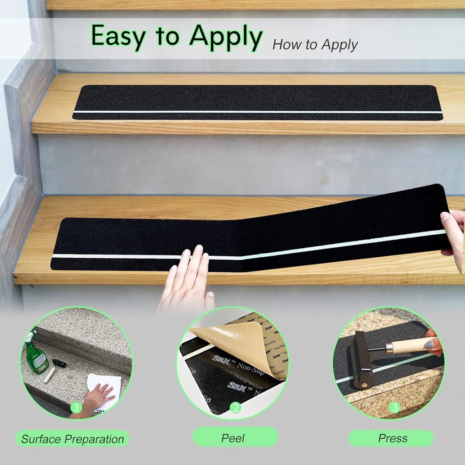 S&X Outdoor Stair Treads Non-Slip Tape 6” x 24”, 10-Pack Pre-Cut Anti Slip Tape with Glow-in-The-Dark Strip - Premium Grip Tape for Stairs, Steps, Ramps, Decks, Boats, and Trailers