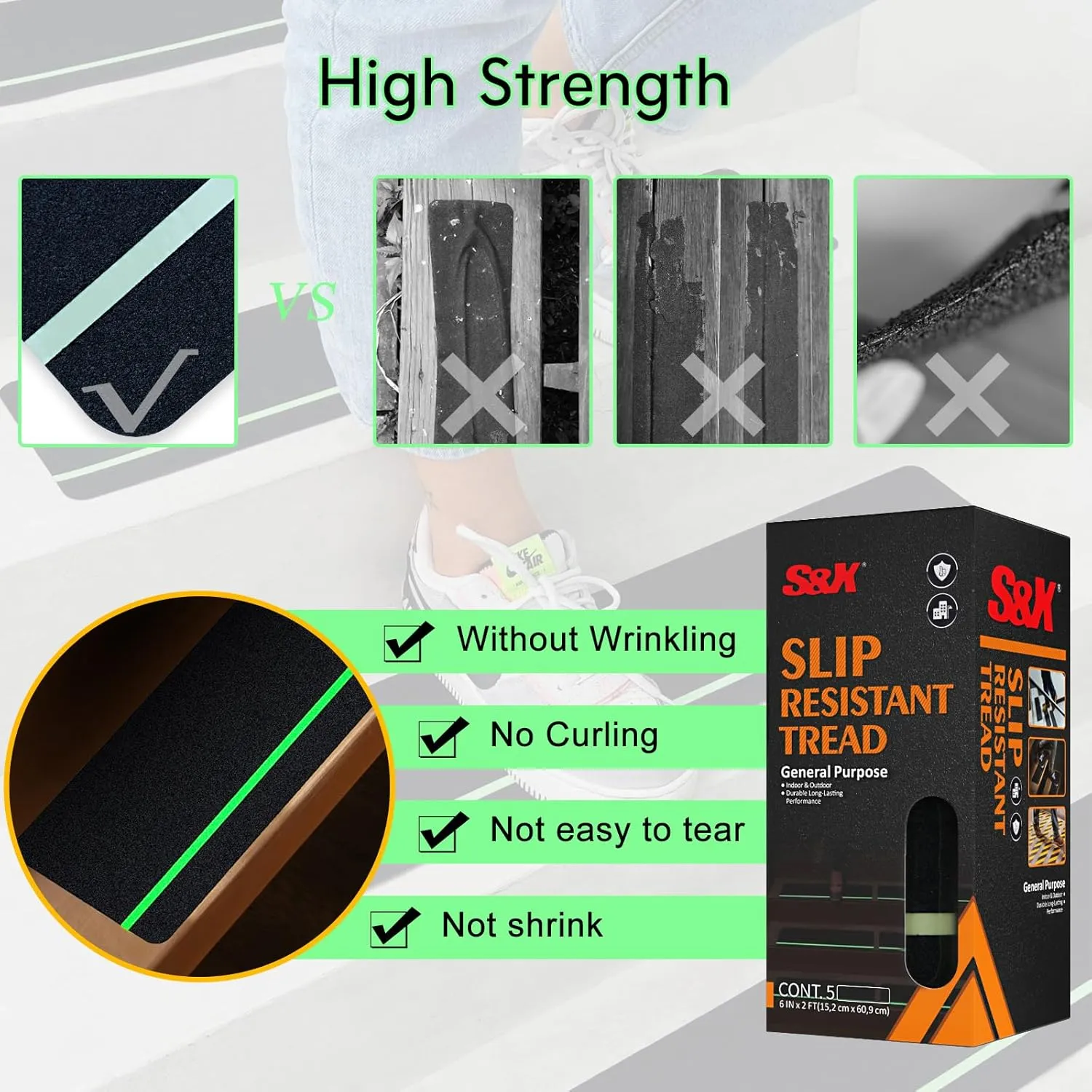 S&X Outdoor Stair Treads Non-Slip Tape 6” x 24”, 10-Pack Pre-Cut Anti Slip Tape with Glow-in-The-Dark Strip - Premium Grip Tape for Stairs, Steps, Ramps, Decks, Boats, and Trailers