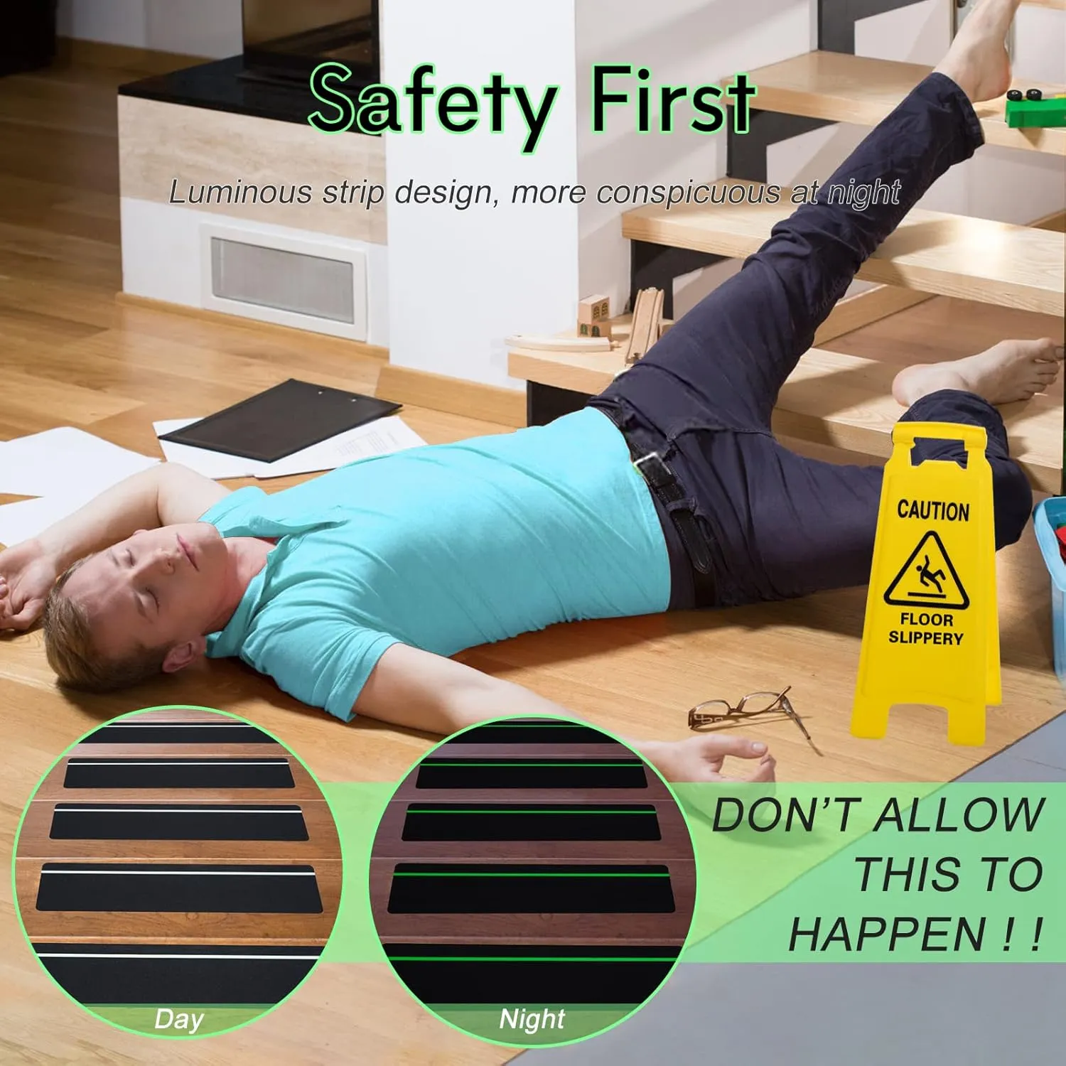 S&X Outdoor Stair Treads Non-Slip Tape 6” x 24”, 10-Pack Pre-Cut Anti Slip Tape with Glow-in-The-Dark Strip - Premium Grip Tape for Stairs, Steps, Ramps, Decks, Boats, and Trailers