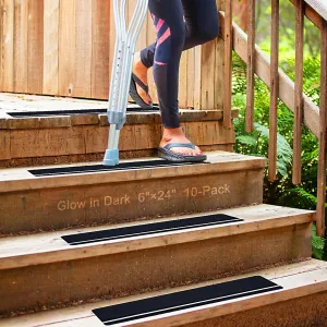 S&X Outdoor Stair Treads Non-Slip Tape 6” x 24”, 10-Pack Pre-Cut Anti Slip Tape with Glow-in-The-Dark Strip - Premium Grip Tape for Stairs, Steps, Ramps, Decks, Boats, and Trailers