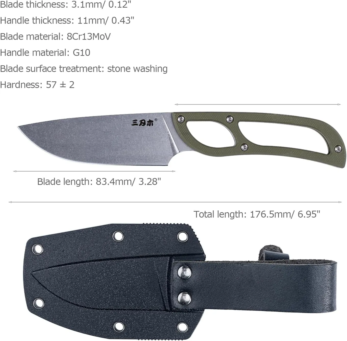 Sanrenmu Fixed Blade Knife with Sheath 3.28" 8Cr13Mov Blade G10 Hollow-out Handle Full Tang for EDC Outdoor Camping S628 (Green)