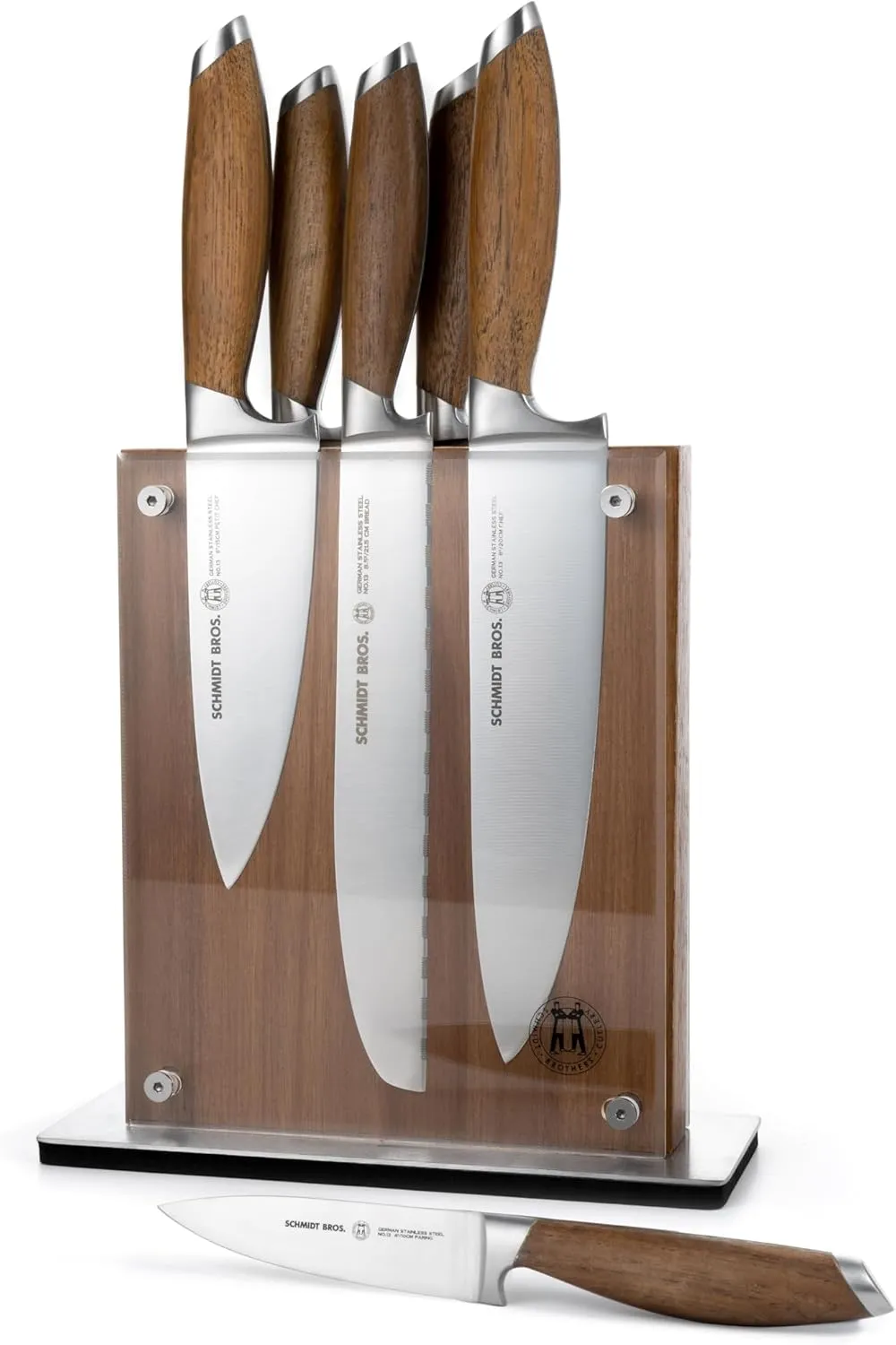Schmidt Brothers - Bonded Teak, 7-Piece Knife Set, High-Carbon Stainless Steel Cutlery with Midtown Acacia and Acrylic Magnetic Knife Block