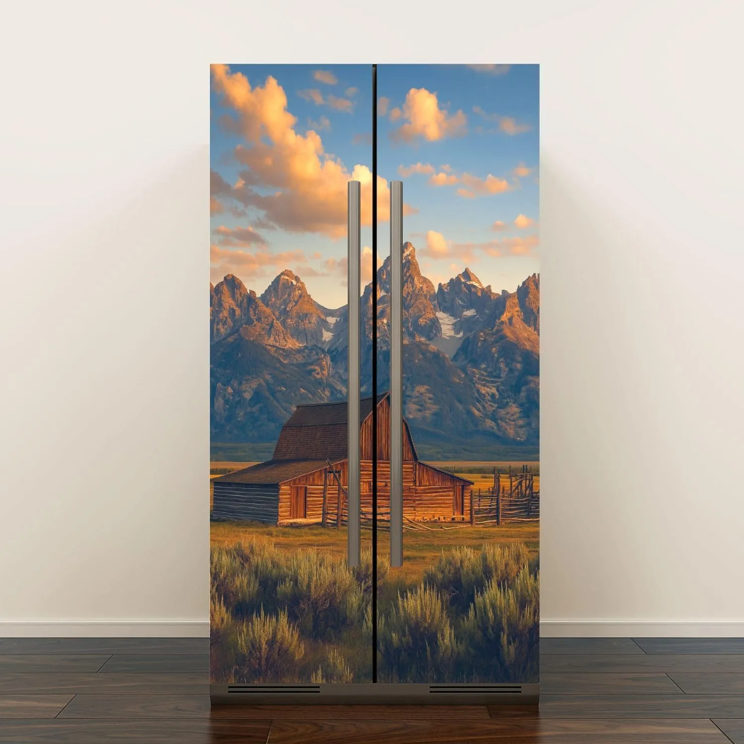 Self Adhesive Vinyl Refrigerator Wrap Set Moulton Barn Tetons Morning Light Door Mural Removable Fridge Sticker Peel and Stick Decal Rustic Kitchen Decor