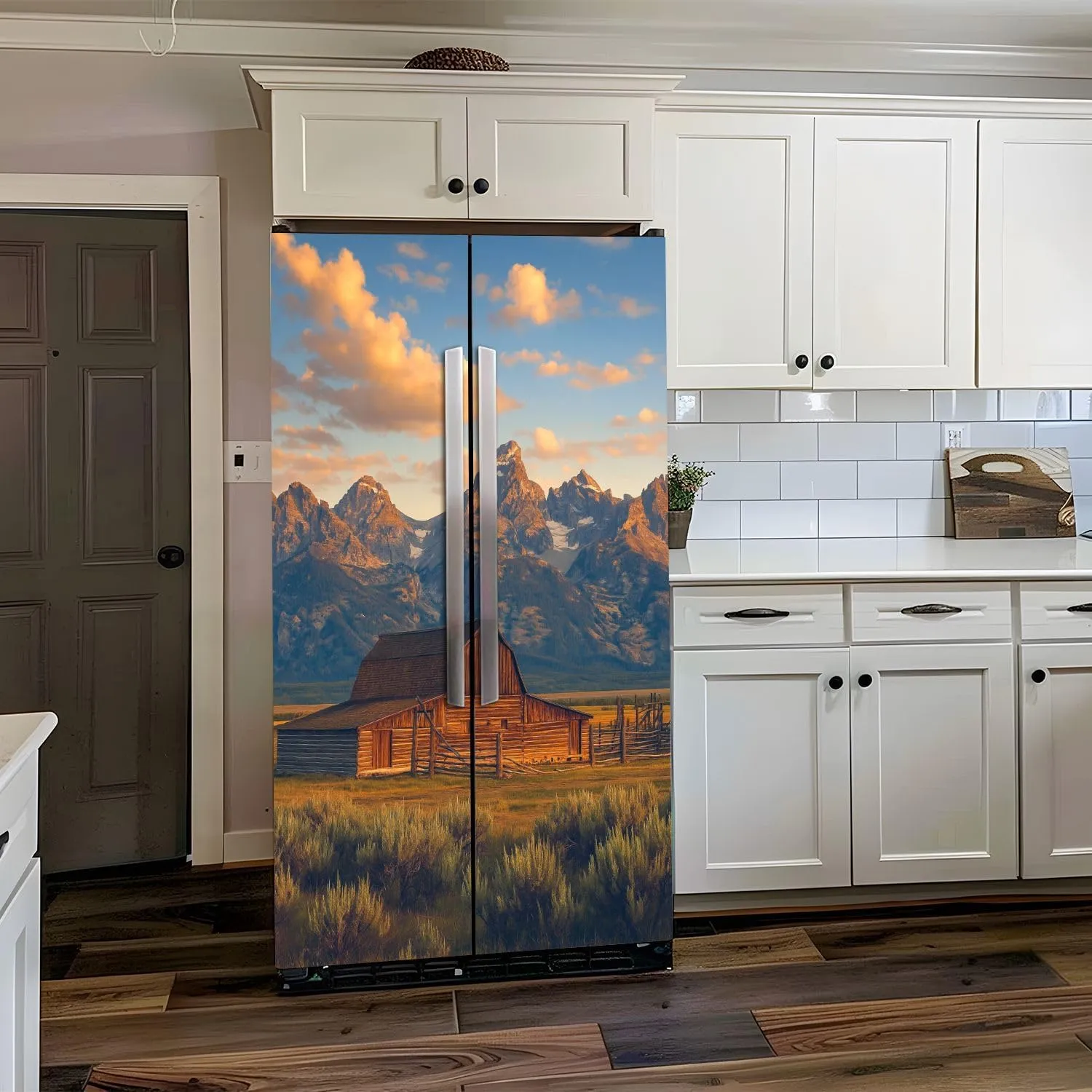 Self Adhesive Vinyl Refrigerator Wrap Set Moulton Barn Tetons Morning Light Door Mural Removable Fridge Sticker Peel and Stick Decal Rustic Kitchen Decor
